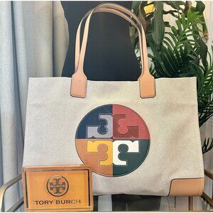 TORY BURCH ELLA CANVAS MULTI COLORED LOGO HANDBAG